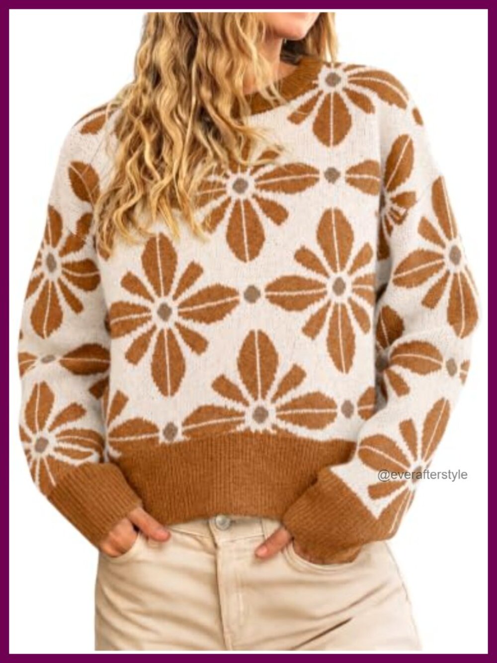 Floral Crew Neck Knit Pullover Sweater Long Sleeve Drop Shoulder Loose Fit Fall